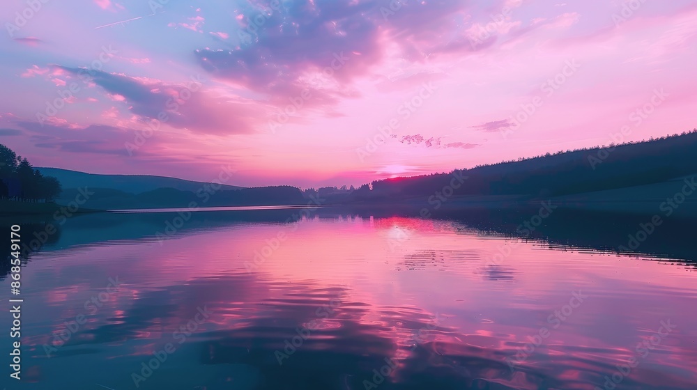 A serene lake at dusk with a pink and purple sky reflected in the water A serene lake at dusk with a pink and purple sky reflected in the water