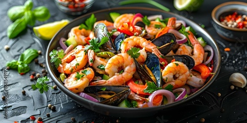 Spicy Seafood Salad with Prawns, Squid, Mussels, and Fresh Vegetables. Concept Seafood Recipe, Spicy Salad, Prawns, Squid, Mussels, Fresh Vegetables photo