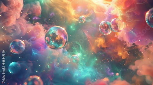 3D Abstract Space with Translucent Orbs Floating in Shimmering Iridescent Mist