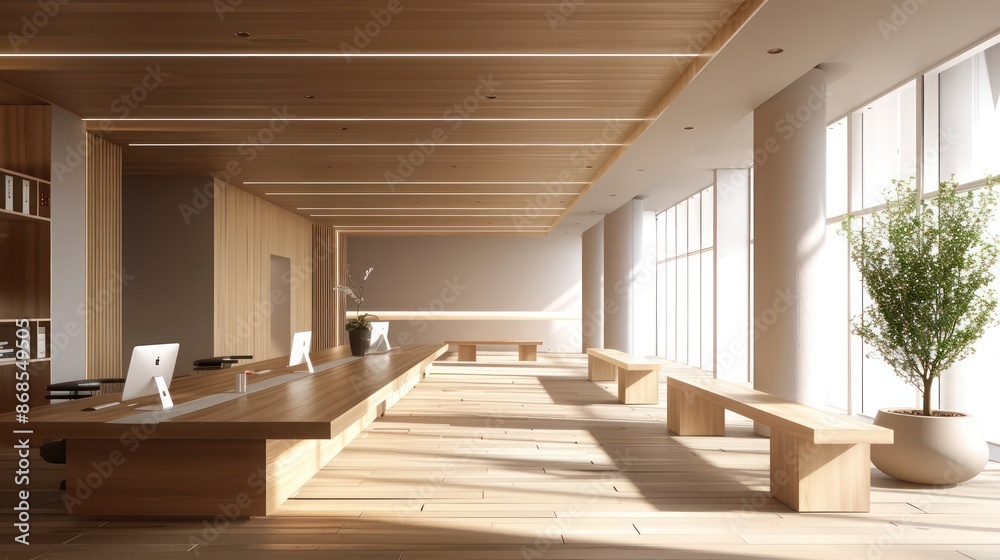 Obraz premium minimalist office with clean wooden lines and a focus on sustainability