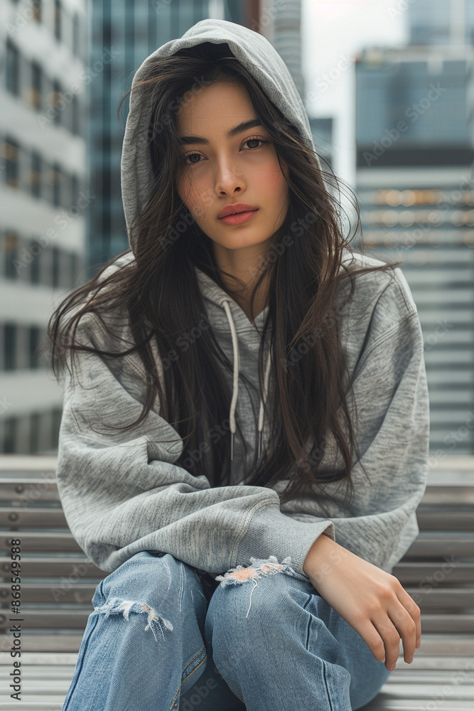 10 An Asian model in a hoodie and jeans, sitting on a city bench with skyscrapers in the background 10 An Asian model in a hoodie and jeans, sitting on a city bench with skyscrapers in the background