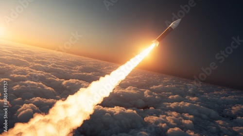 Dawn breaks as a rocket launches skyward, its powerful engines creating a radiant trail of light, cutting through the clouds with intense energy