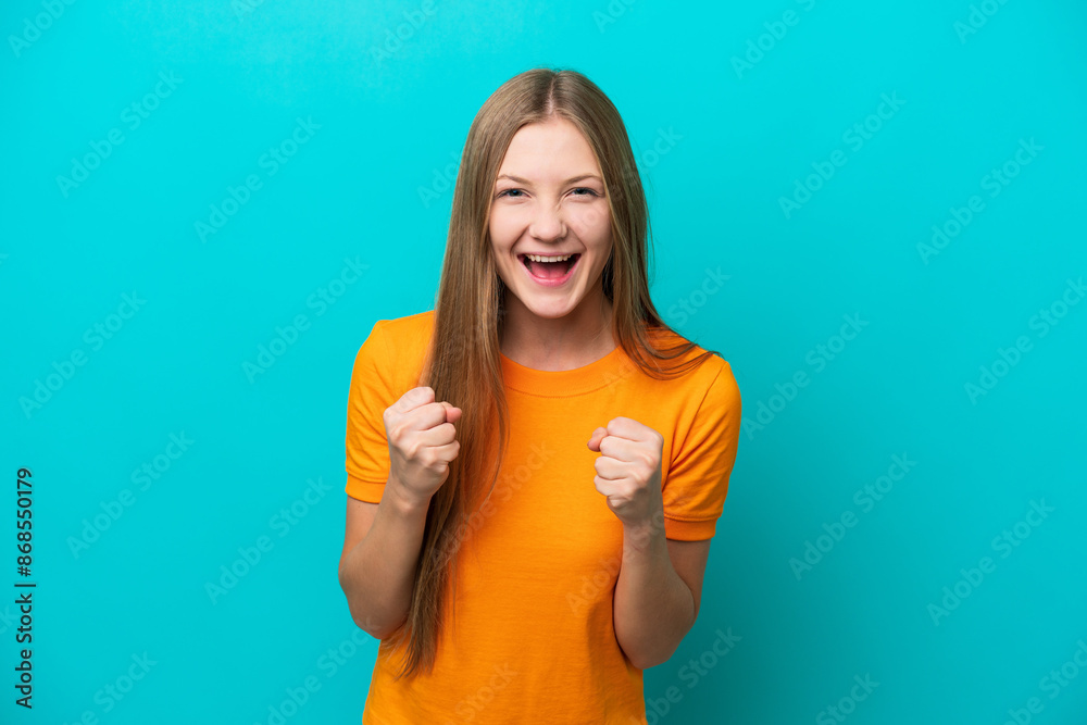 Young Russian woman isolated on blue background frustrated by a bad situation Young Russian woman isolated on blue background frustrated by a bad situation