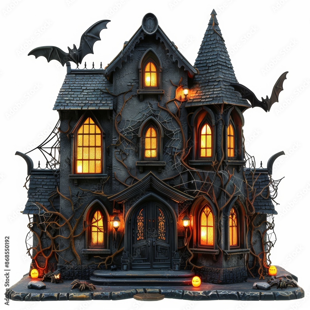 Eerie Haunted House with Spooky Lights, Bats, and Spider Web on Isolated White Background for Halloween Concept. Copy Space Available. Eerie Haunted House with Spooky Lights, Bats, and Spider Web on Isolated White Background for Halloween Concept. Copy Space Available.