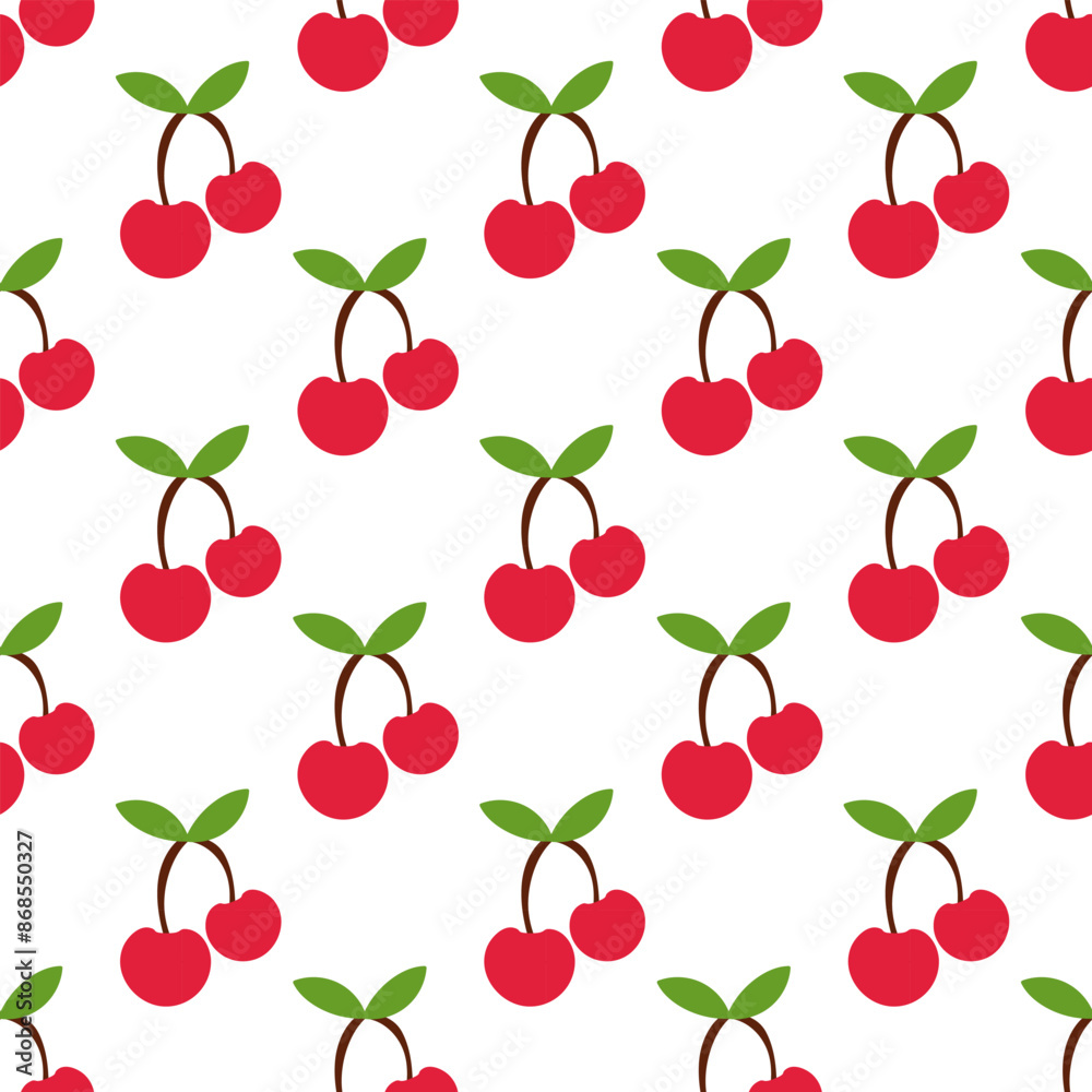 Seamless Pattern with Two red cherries on the branch with leaves. Fruit berry flat vector illustration. Seamless Pattern with Two red cherries on the branch with leaves. Fruit berry flat vector illustration.
