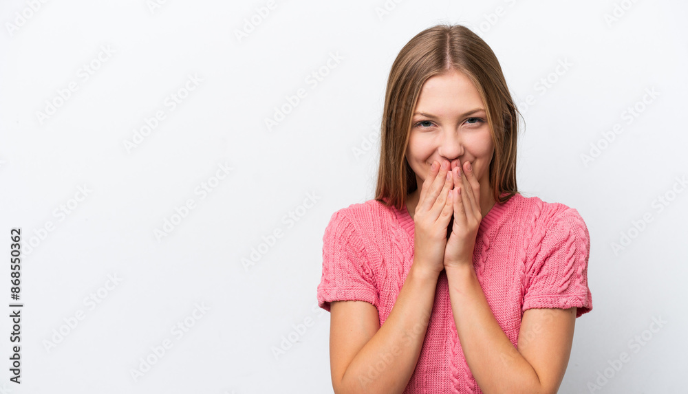Young Russian woman isolated on white background happy and smiling covering mouth with hands Young Russian woman isolated on white background happy and smiling covering mouth with hands