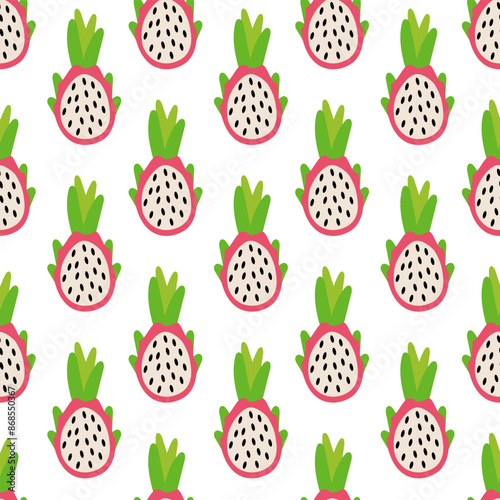 Seamless Pattern with dragonfruit. Concept of healthy food and product. Summer pitahaya food background. Vector flat illustration.