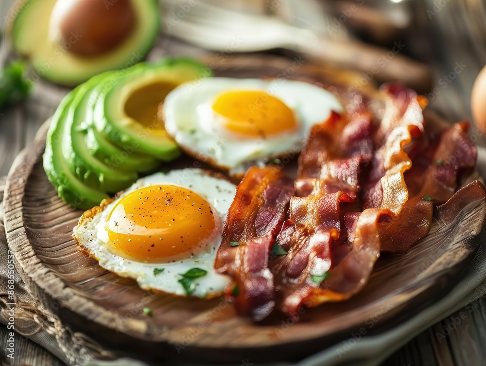 decadent lowcarb breakfast featuring golden eggs crispy bacon and creamy sliced avocado on a rustic wooden plate bathed in warm morning light decadent lowcarb breakfast featuring golden eggs crispy bacon and creamy sliced avocado on a rustic wooden plate bathed in warm morning light