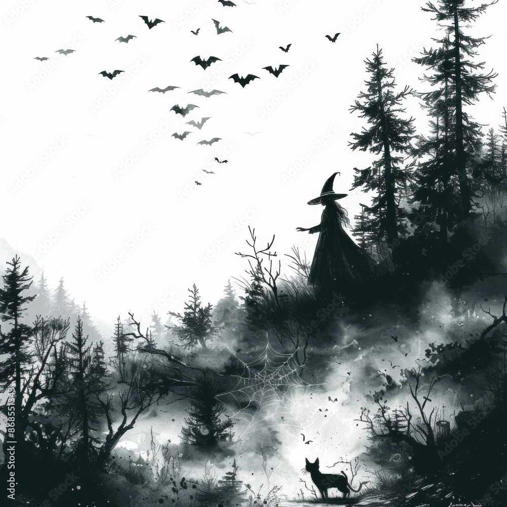 Fototapeta premium Enchanting Spooky Forest Night Scene with Witch, Bats, and Black Cat on Isolated White Background for Halloween Concept. Copy Space Available.