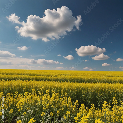 Yellow rapeseed is covered the field against the blue sky  
