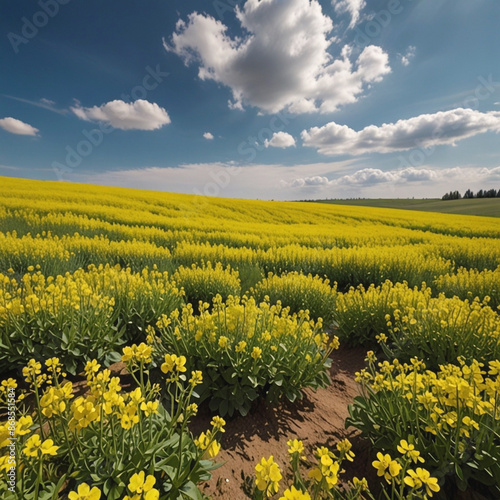Yellow rapeseed is covered the field against the blue sky  