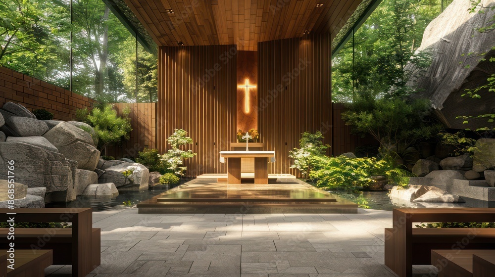 Naklejka premium modern chapel with a wooden altar and serene, natural surroundings