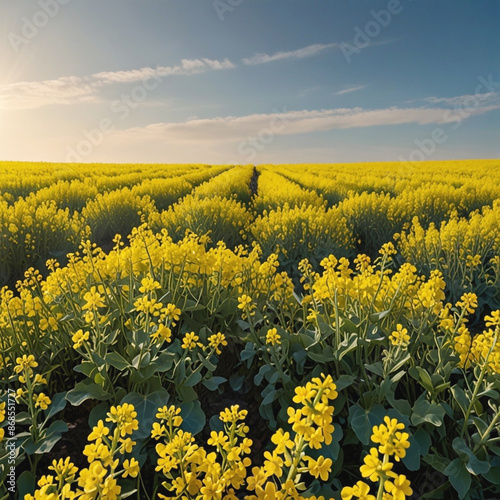 Yellow rapeseed is covered the field against the blue sky  