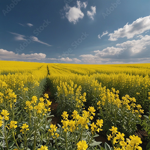 Yellow rapeseed is covered the field against the blue sky  