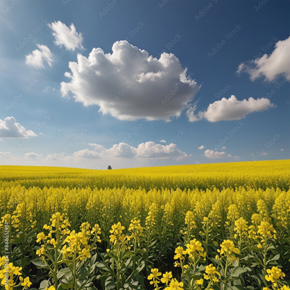 Obraz premium Yellow rapeseed is covered the field against the blue sky