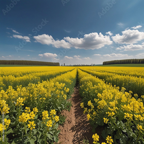 Yellow rapeseed is covered the field against the blue sky  