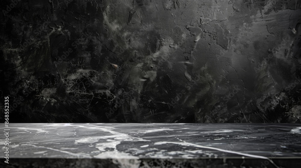Fototapeta premium empty grey marble tabletop with dark black cement stone background for product displayed in rustic mood and tone