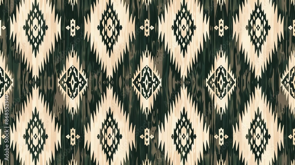 Ethnic ikat seamless pattern Woven designs Woven ikat design in dark green and cream on a neutral background