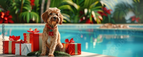 A dog sitting beside Christmas gifts by the poolside, tropical setting, vibrant colors, digital illustration, festive and joyful photo