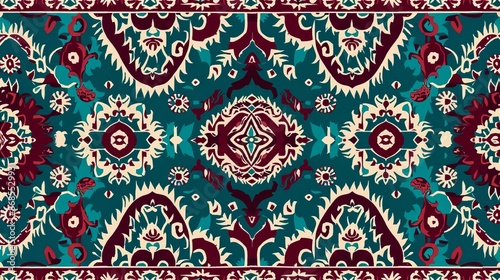 Ethnic ikat seamless pattern Bohemian style Bohemian tapestry in teal and maroon hues with intricate patterns