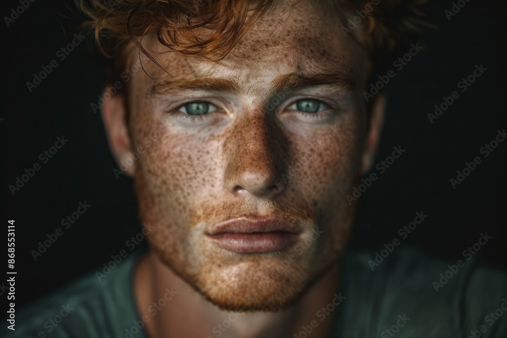 A photo portrait in candid realism portrays a guy with distinctive freckles on his face, highlighting his natural beauty and character in a sincere and unpretentious style