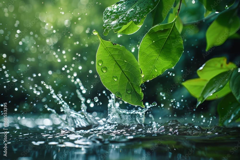 Fresh green leaves splashing with water, photography