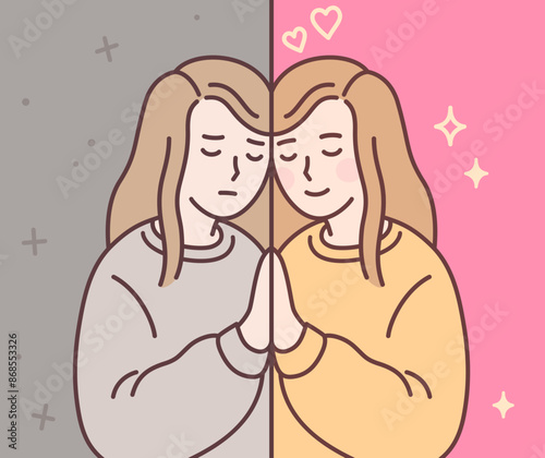 Happy and sad girl mirror reflection drawing