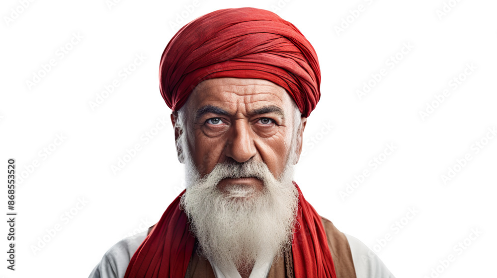 An elderly Turkish man alone against a stark white background An elderly Turkish man alone against a stark white background
