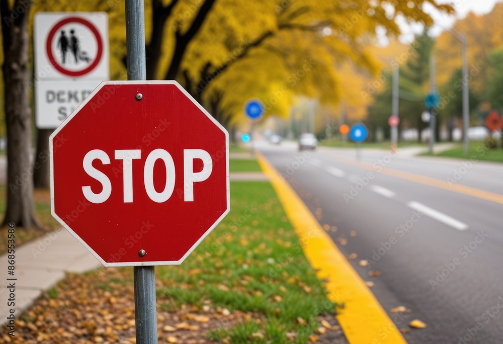 a striking visual representation of a prominent stop sign in a school zone, prominently featuring bold graphics and bright colors to grab attention, while blurring out the background to focus on the c a striking visual representation of a prominent stop sign in a school zone, prominently featuring bold graphics and bright colors to grab attention, while blurring out the background to focus on the c