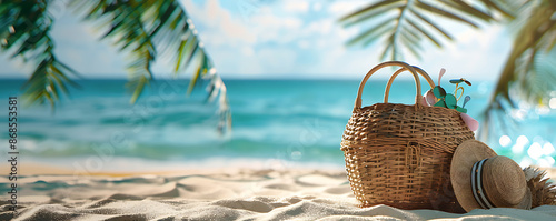 Beach bag and straw hat on tropical sandy beach