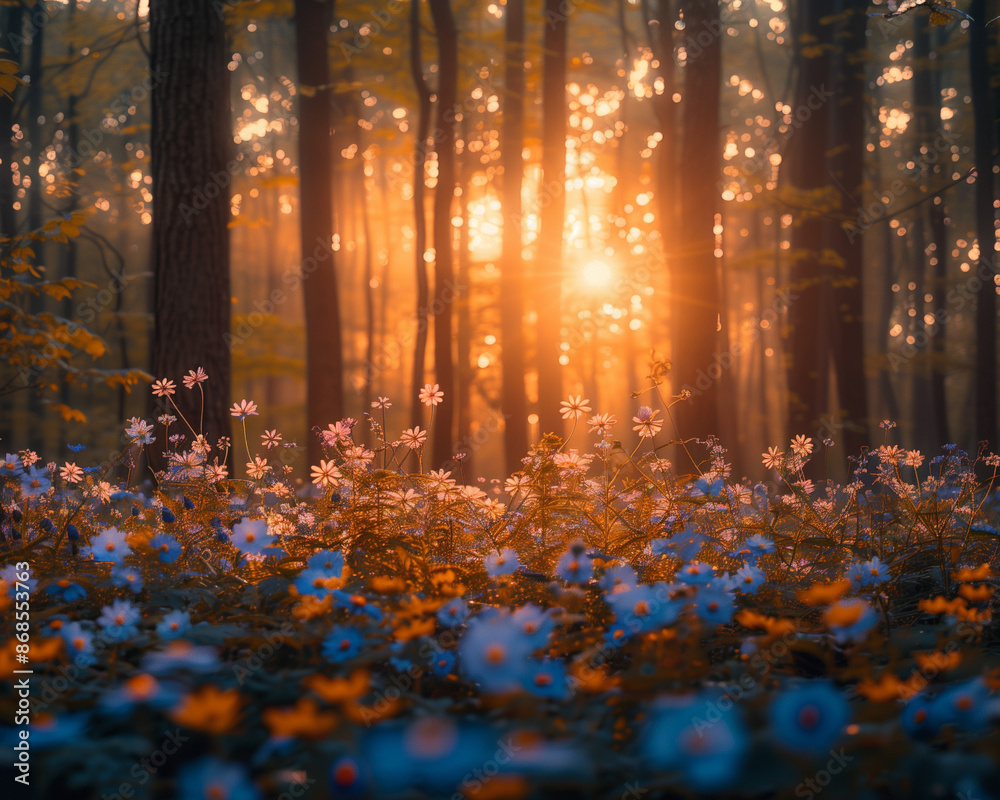 autumn in the forest with Beautiful flower field
