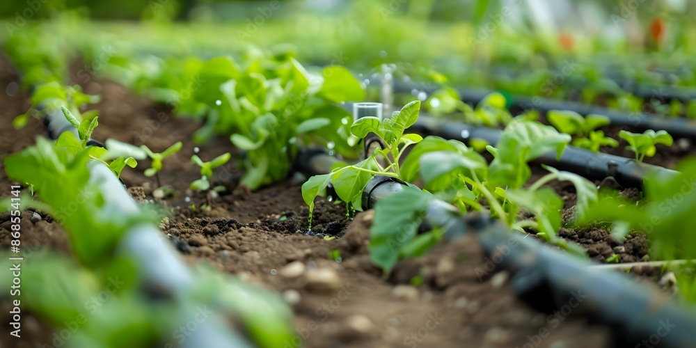 Efficient Water Conservation with Closeup of Drip Irrigation System in Organic Garden. Concept Efficient Water Conservation, Drip Irrigation System, Organic Garden, Water-saving Techniques Efficient Water Conservation with Closeup of Drip Irrigation System in Organic Garden. Concept Efficient Water Conservation, Drip Irrigation System, Organic Garden, Water-saving Techniques