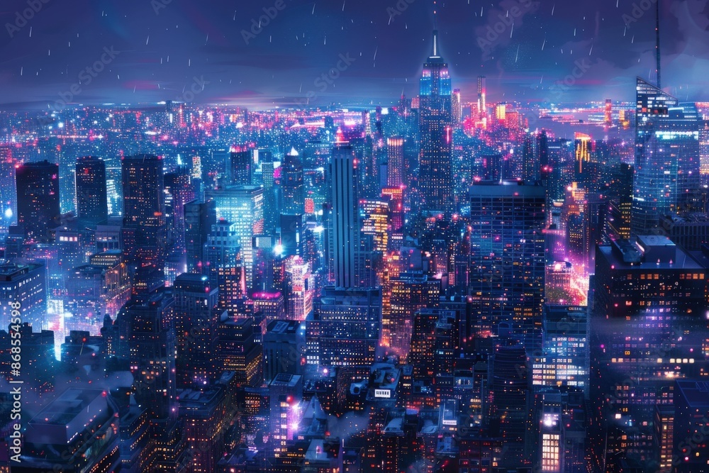 Fototapeta premium Vibrant Nighttime Cityscape with Skyscrapers and Neon Lights Under a Rainy Sky