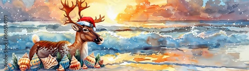 A reindeer on the beach with a Santa hat and seashell decorations, sunset backdrop, watercolor style, warm tones, playful holiday scene photo