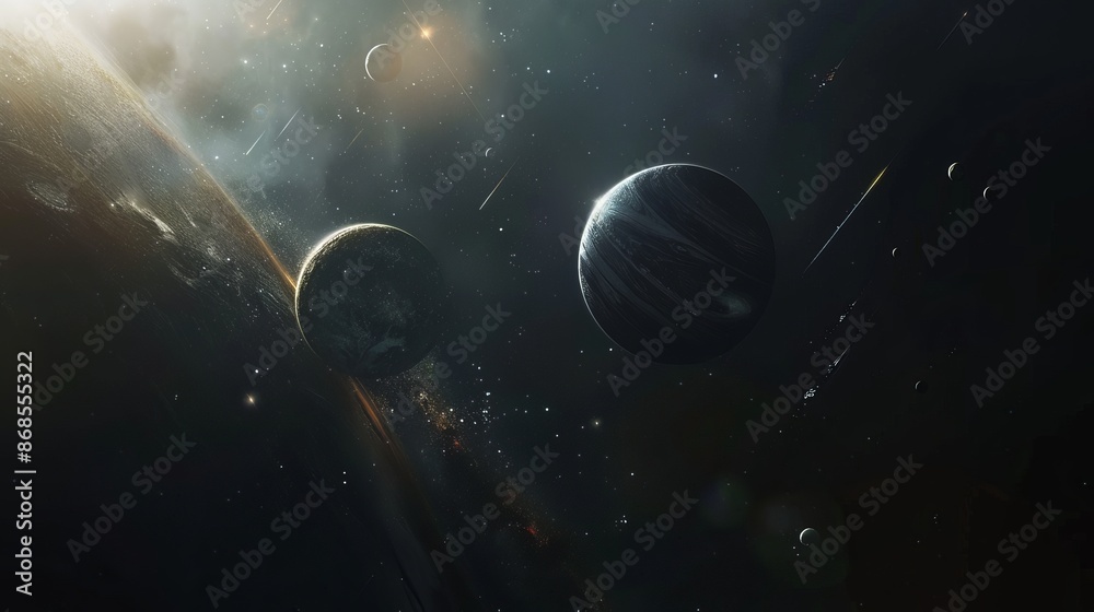 Naklejka premium Celestial Body Floating Amongst Planets in Deep Space, Surreal Cosmic Scene