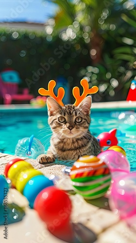 A cat in reindeer antlers playing with pool toys by the poolside, bright summer day, neon colors, whimsical holiday scene photo