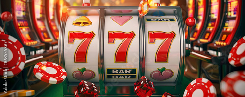 Slot machine's rolling drums displaying the winning combination with vibrant colors and lights.