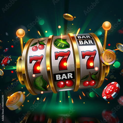 Slot machine's rolling drums displaying the winning combination with vibrant colors and lights.