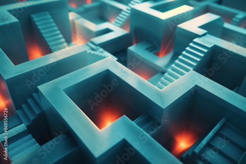 Wallpaper Mural Abstract 3D Maze with Glowing Red Lights and Geometric Staircases in Futuristic Design Torontodigital.ca