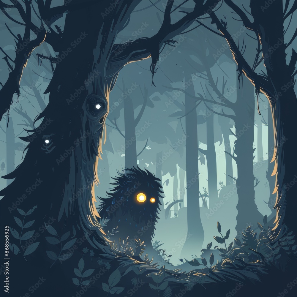 Enigmatic Monster Lurking in Dark Forest - Flat Design Illustration Conjuring Mystery and Intrigue Enigmatic Monster Lurking in Dark Forest - Flat Design Illustration Conjuring Mystery and Intrigue