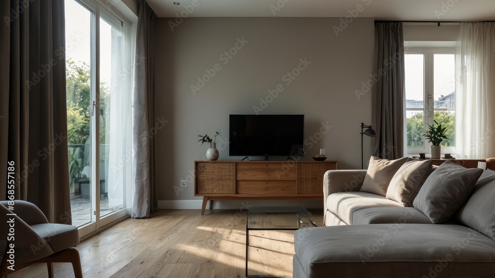 Fototapeta premium Interior of light living room with grey sofas, coffee table and large window