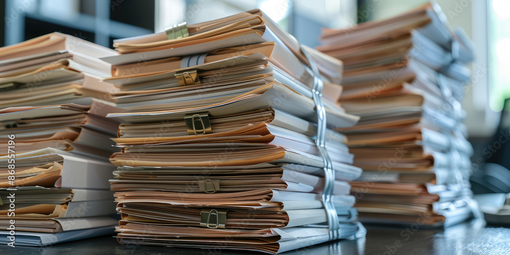 Fototapeta premium Stack of accounting documents on desk in office background, document flow concept, nobody, copy space