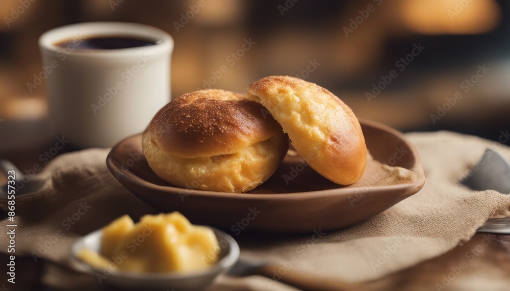 Typical brazilian cheese bun in a bowl, coffee, jam and butter Typical brazilian cheese bun in a bowl, coffee, jam and butter