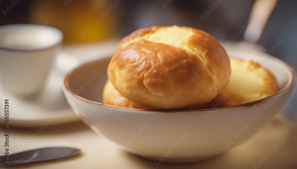 Typical brazilian cheese bun in a bowl, coffee, jam and butter