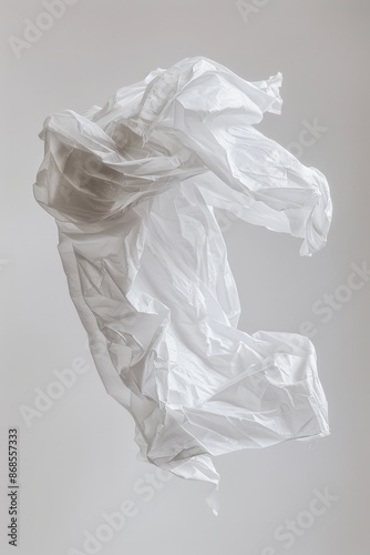 A white plastic bag suspended in mid-air, possibly blown away from its source