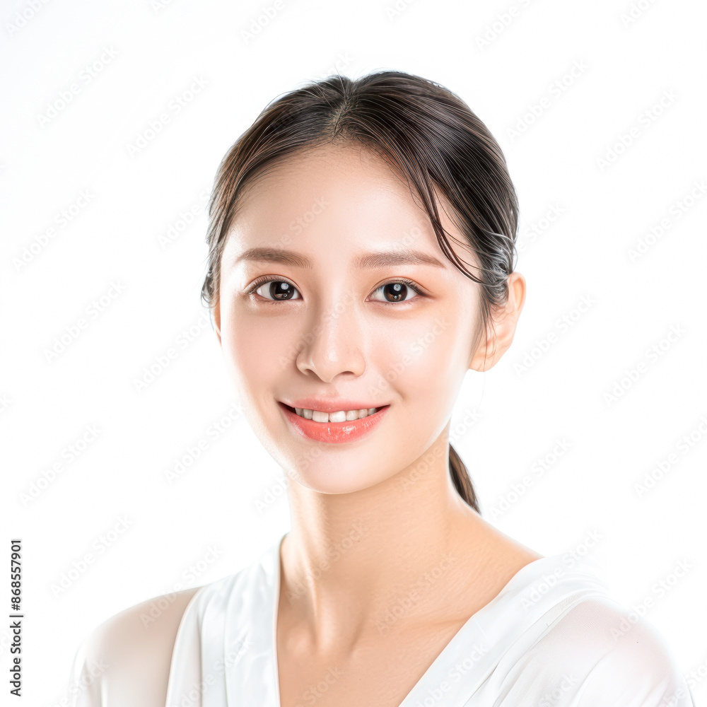 A woman with a white shirt and ponytail is smiling A woman with a white shirt and ponytail is smiling