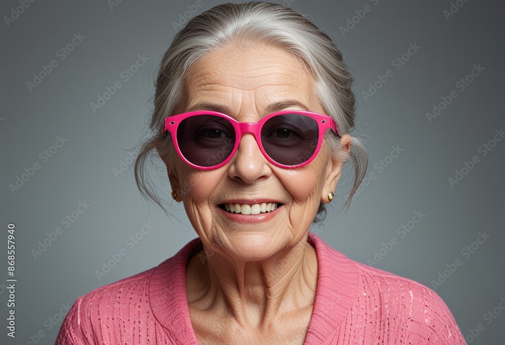 A funny studio portrait capturing a senior woman wearing sunglasses, radiating style and humor with a playful expression