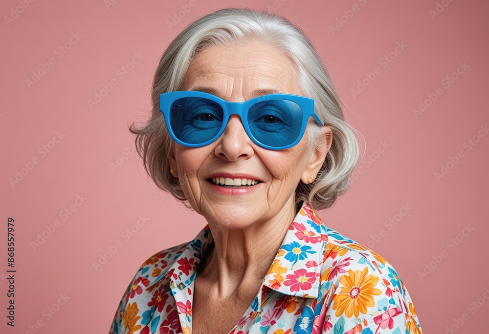 A funny studio portrait capturing a senior woman wearing sunglasses, radiating style and humor with a playful expression A funny studio portrait capturing a senior woman wearing sunglasses, radiating style and humor with a playful expression