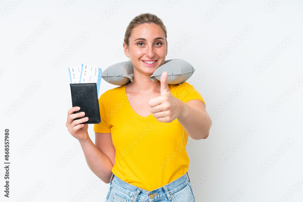 Woman with Inflatable Travel Pillow with thumbs up because something good has happened Woman with Inflatable Travel Pillow with thumbs up because something good has happened