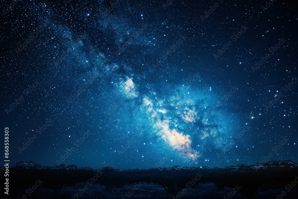 Fototapeta premium Stunning Night Sky with Milky Way Galaxy Over a Dark Landscape in a Clear Starry Night